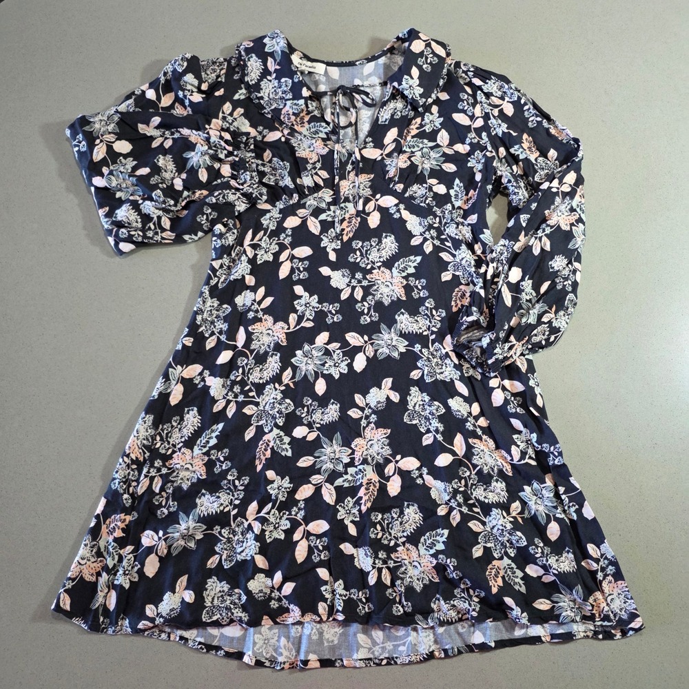 Du Paradis Women Floral Mini Dress Navy Blue Pink Long Puff Sleeve Size M